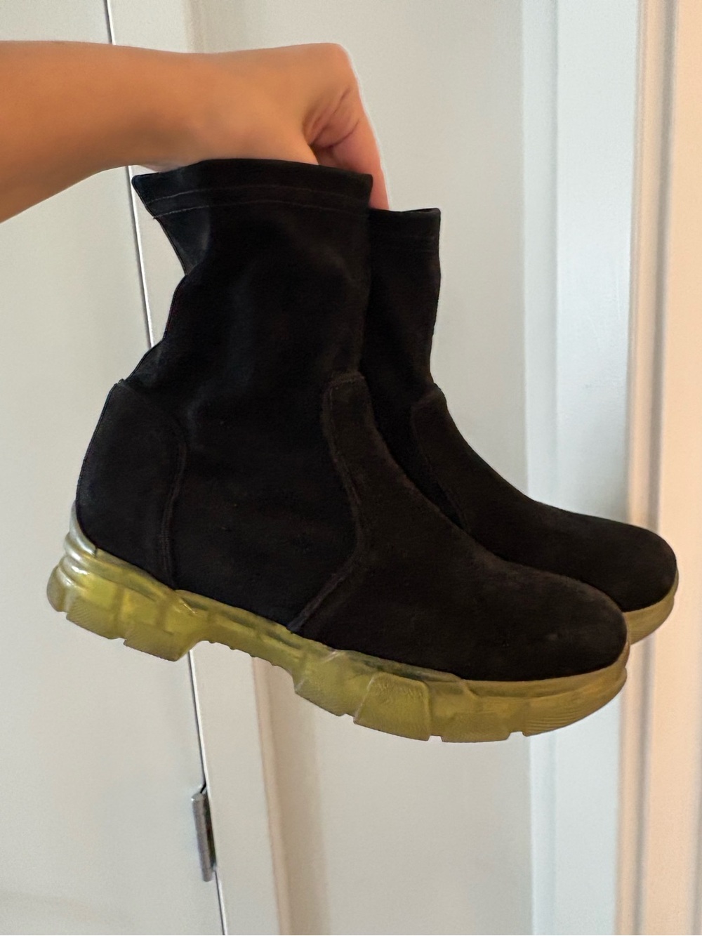 Aquatalia Black Suede Ankle Boots with Olive Green Sole 8.5